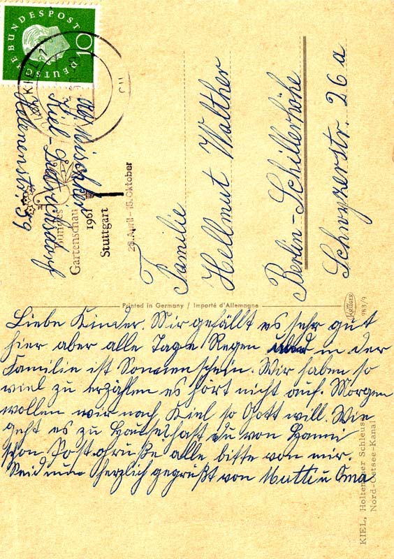 Postkarte von Großmutter Martha Röhrig.Kiel. 7.7.1960