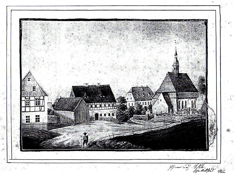Kirche und Schulhaus Mittelsaida. 1862